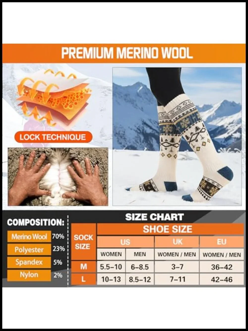 3 Pairs Merino Wool Thermal Ski Socks Knee High Winter Warm Compression Unisex